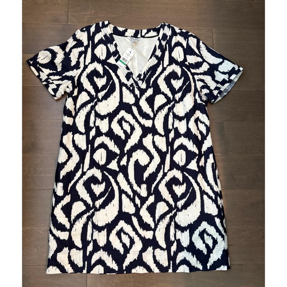 Tommy Bahama Linen Two Palms Inlet Navy & White Ikat Print Short Sleeve Dress L